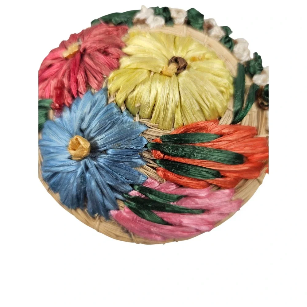 Woven Straw Basket with‎ Colorful Raffia Flowers Trinket Jewelry Box